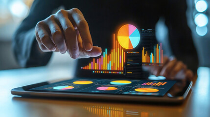 A business analyst visualizing big data trends with a colorful pie chart on a digital tablet.