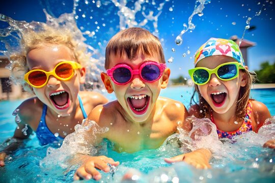 Three happy children wearing colorful sunglasses splash joyfully in a bright blue swimming pool on a sunny day