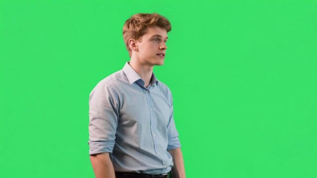 green screen video businessman speaking Confident young man smiling in a studio, casually dressed in a t-shirt