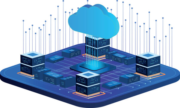 Cloud migration process visualized by elements applications moving from on-premise servers to cloud infrastructure.  Digital online information transfer, exchange, global connection, database. 