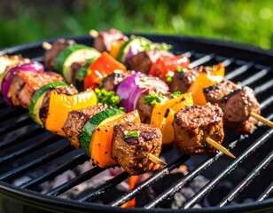 Grilled Vegetable And Meat Skewers On Barbecue Grill