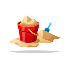 Sand in red bucket and blue scoop vector isolated on white background.