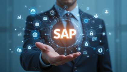 Businessman Holding Holographic SAP System Interface,new Technology