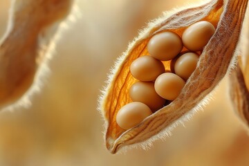 Closeup of ripe soybeans inside a textured pod, with a blurred background
