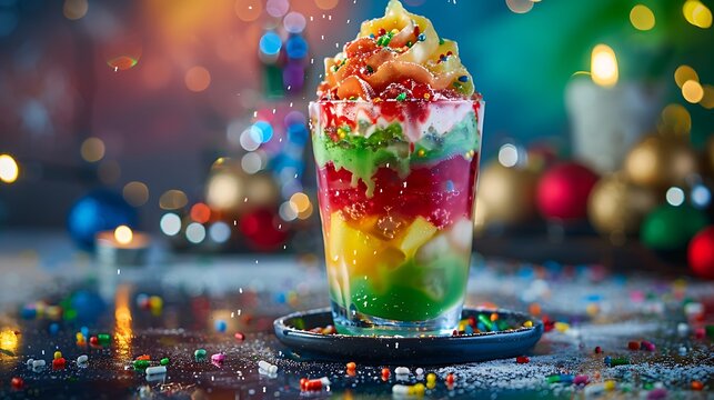 A festive Gola Ganda featuring layers of colorful syrup in shades of red green and yellow reminiscent of a rainbow with a sprinkle of rainbow-colored sprinkles for added whimsy