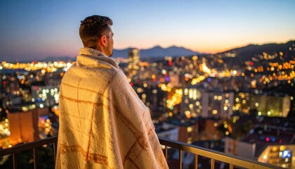 Man Contemplating City Sunset From Balcony