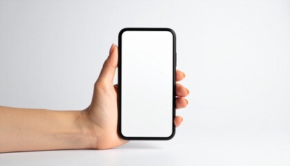 Female Hand Holding Modern Smartphone with Blank Screen on White Background Closeup