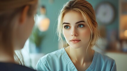 Young Caucasian female nurse in medical scrubs, attentively listening in a clinic setting.