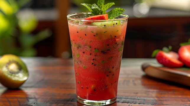 A refreshing Gola Ganda infused with the flavors of juicy watermelon ripe strawberries and tangy kiwi served in a clear glass and garnished with fresh mint leaves for a burst of freshness