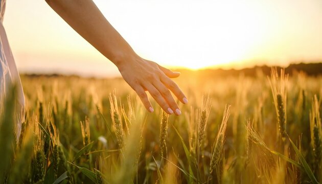 Hand Touches Wheat Field At Sunset