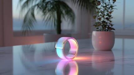 Illuminated ring on a table, soft lighting, plants in the background