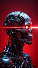 Fototapeta premium a metallic skull-like robot with a red eye laser on a red background.