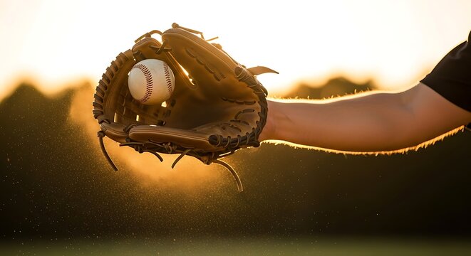 Baseball Glove Catches Ball at Sunset: Golden Hour, Dramatic Lighting, Sports Concept.