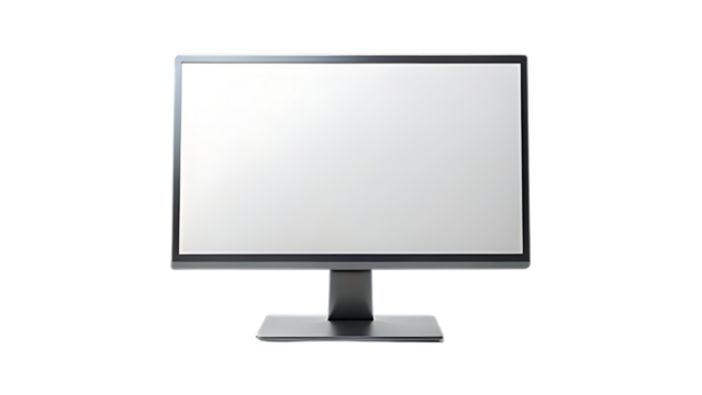 Modern computer monitor with a blank white screen and a sleek metallic stand isolated on transparent background