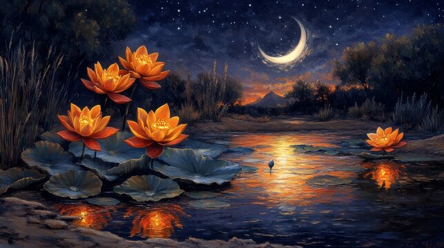 Nightly lotus blossoms illuminate a tranquil pond.