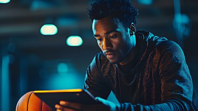 Focused young Black male athlete reviews game stats on a digital tablet in a gym.