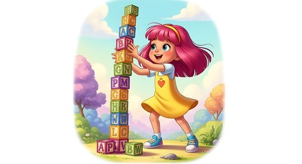 Joyful Girl Building Colorful Alphabet Blocks in a Sunny Park Illustration