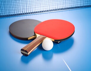탁구채와 공이 놓인 경기장 Table Tennis Paddles and Ball on Court