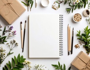 Blank Notebook With Craft Supplies And Flowers
