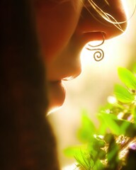 Close-up of a woman meditating with closed eyes, wearing a sleek neural interface at home, soft natural light and greenery in the background.