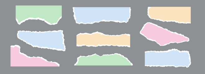 Colored torn paper pieces set. Ripped paper sheet strips collection. Elements and shapes with jagged uneven edges for sticker, collage, text box, banner, poster. Vector cardboard texture fragments
