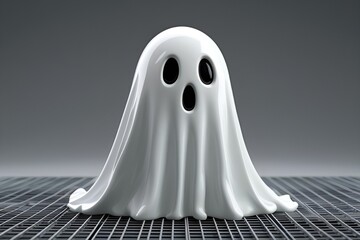 3D Minimal Ghost Figure on Grid Surface – Glossy White Halloween Spirit Design