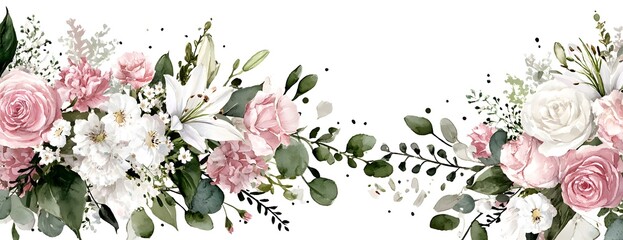 A floral border with pastel blue, yellow, and pink flowers like forget-me-nots, and green leaves on a white background