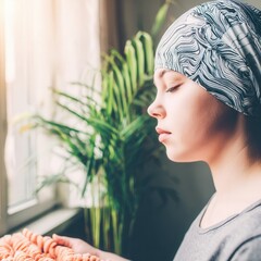 Close-up of a woman meditating with closed eyes, wearing a sleek neural interface at home, soft natural light and greenery in the background.