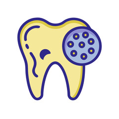 Cartoon tooth icon with bacteria, dental health illustration