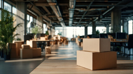 Stack of cardboard boxes and office chair in an empty office room, symbolizing moving to a new office, crisis adaptation, and the start of a new business.