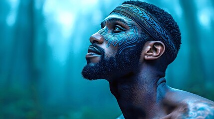 A young African American male with intricate facial tattoos in a misty forest.