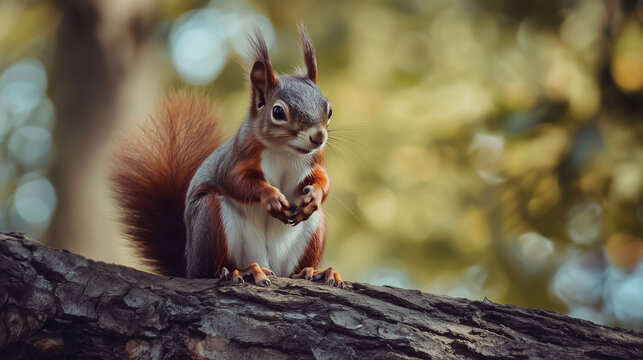 Red squirrel on a tree branch. Squirrel sitting