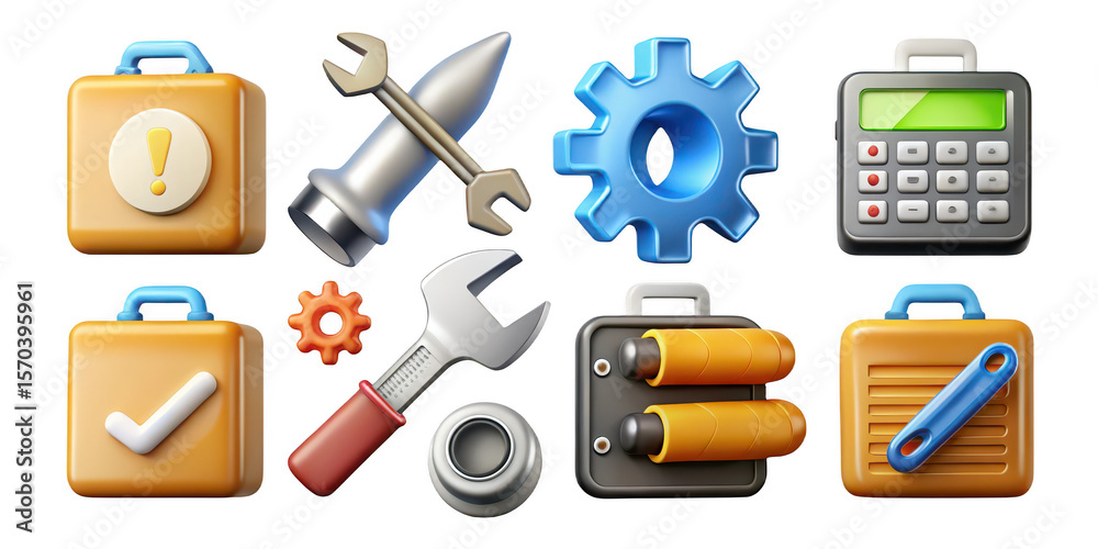 Fototapete A collection of eight rendered icons depicting tools and toolboxes  on transparent background