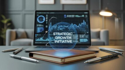 Strategic growth initiative holographic projection on notebook near laptop displaying business data - Powered by Adobe