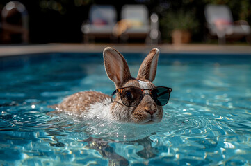 Cool rabbit relaxing by the pool in sunglasses