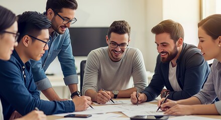 Diverse team collaborating on architectural plans with smiles and focused energy