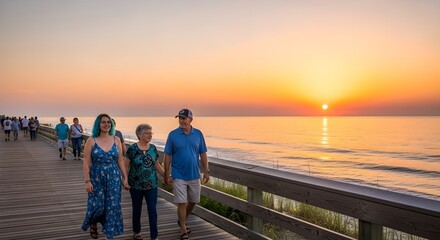 Family Stroll at Sunrise on a Coastal Boardwalk