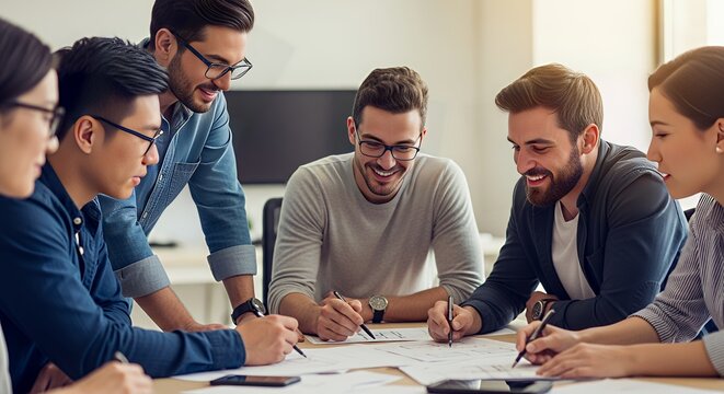 Diverse team collaborating on architectural plans with smiles and focused energy