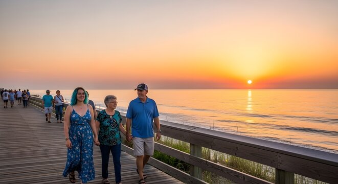 Family Stroll at Sunrise on a Coastal Boardwalk