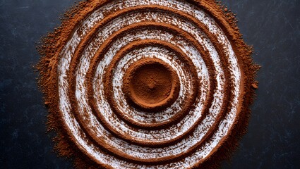 Circular design of brown powder and white powder on a dark surface.