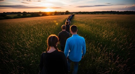 Sunset Walk: A Group of Friends Strolling Through a Golden Field