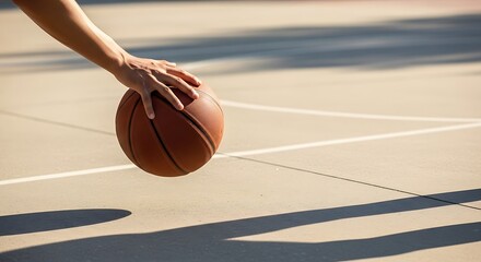 Naklejka premium Close-up of Hand Holding Basketball on Outdoor Court, Sunlight Casts Shadows