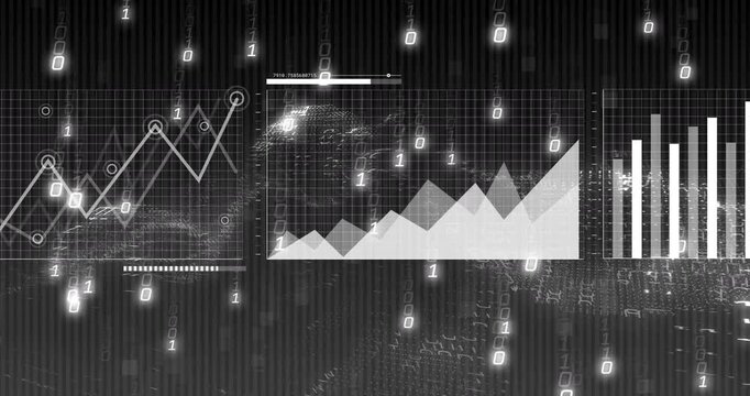 Starting with line chart emerging, binary code cascading expanding area or bar or world map for anal