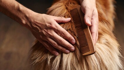 Person Grooming Golden Retriever With Wooden Comb