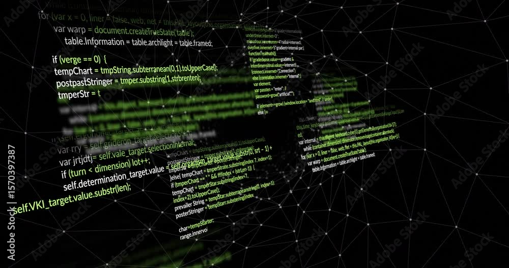 Poster green code fragments appearing at wireframe mesh and spiraling toward void representing data flow