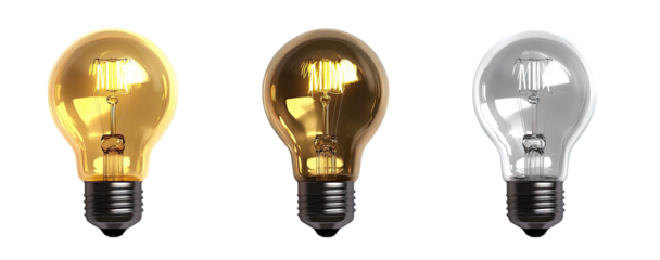 Three incandescent light bulbs in warm, neutral, and cool tones