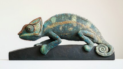 Obraz premium Detailed chameleon sculpture with blue and green scales on a dark rectangular base