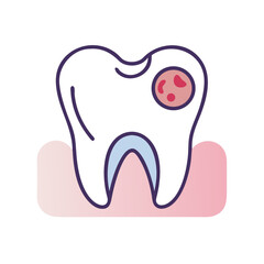 Cartoon tooth with cavity in pink gums background