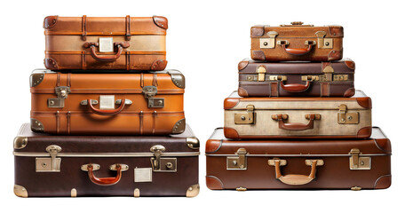 Vintage Style Suitcases Stacked on Black Background for Travel, PNG bundle collection, Isolated on Transparent Background