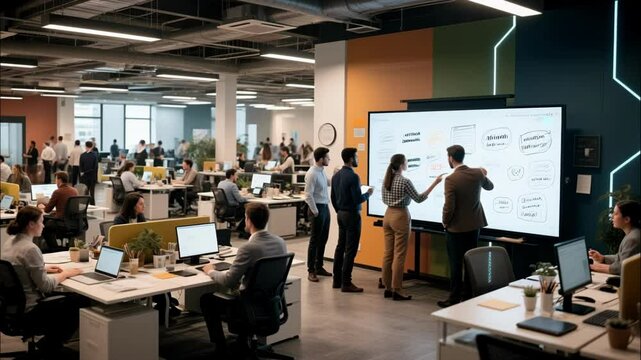 Dynamic Office Scene People Collaborating at Whiteboard in Modern Open Space